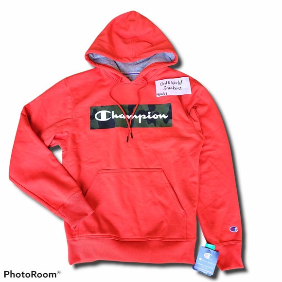 Champion Powerblend Fleece Camo Camouflage Orange Hoodie Sweatshirt Script Logo - Picture 2 of 15